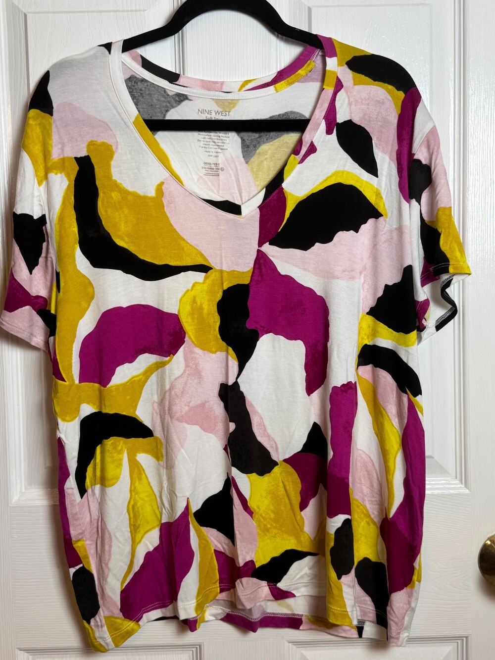 Nine West Soft Spun Abstract Floral V-Neck Top Women’s XL Multicolor